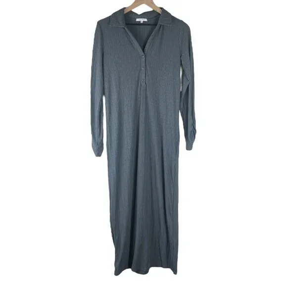 Z Supply Gray Ribbed Knit Long Sleeve Henley Maxi Dress - Picture 2 of 6